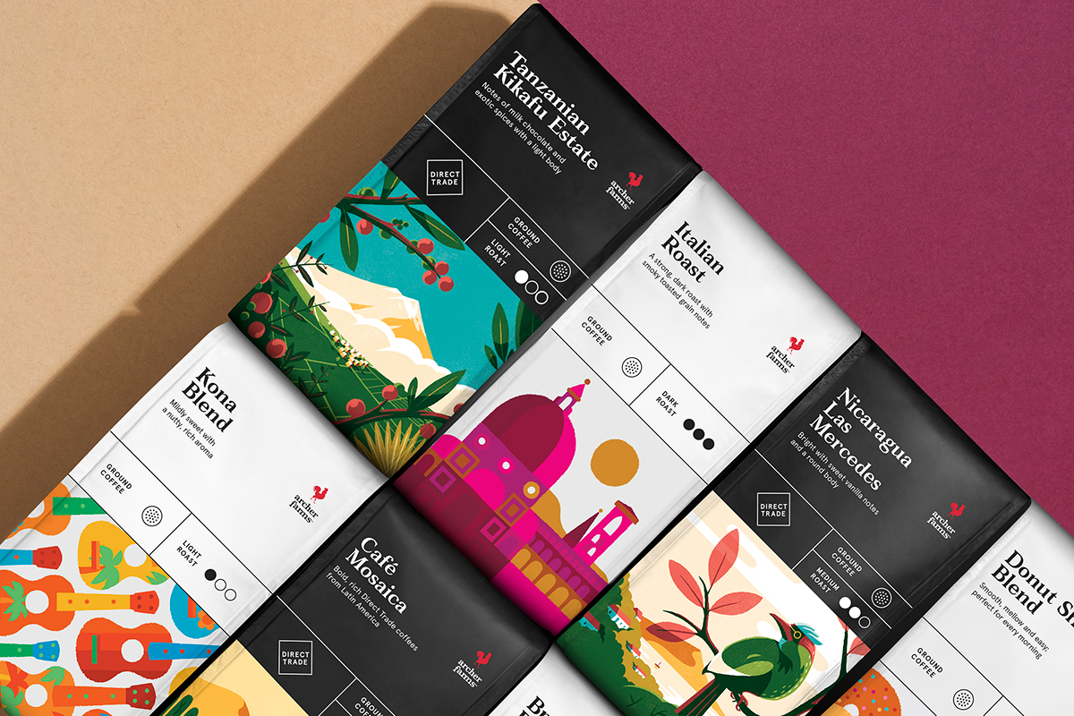 Packaging ILLUSTRATION  Coffee graphic design  collins target bags boxes art direction  system