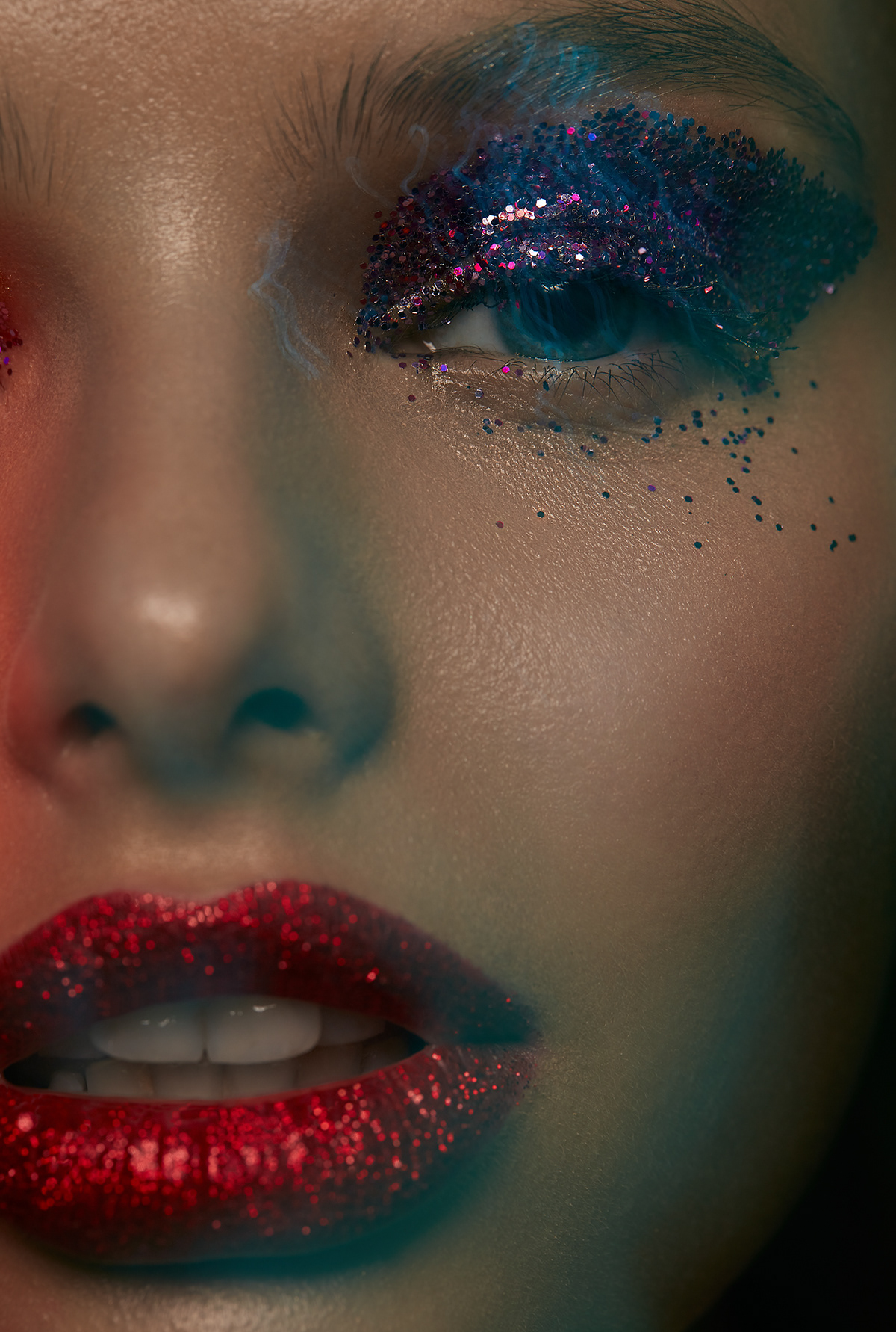Fashion  editorial beauty neon color light sparkles retouch portrait makeup