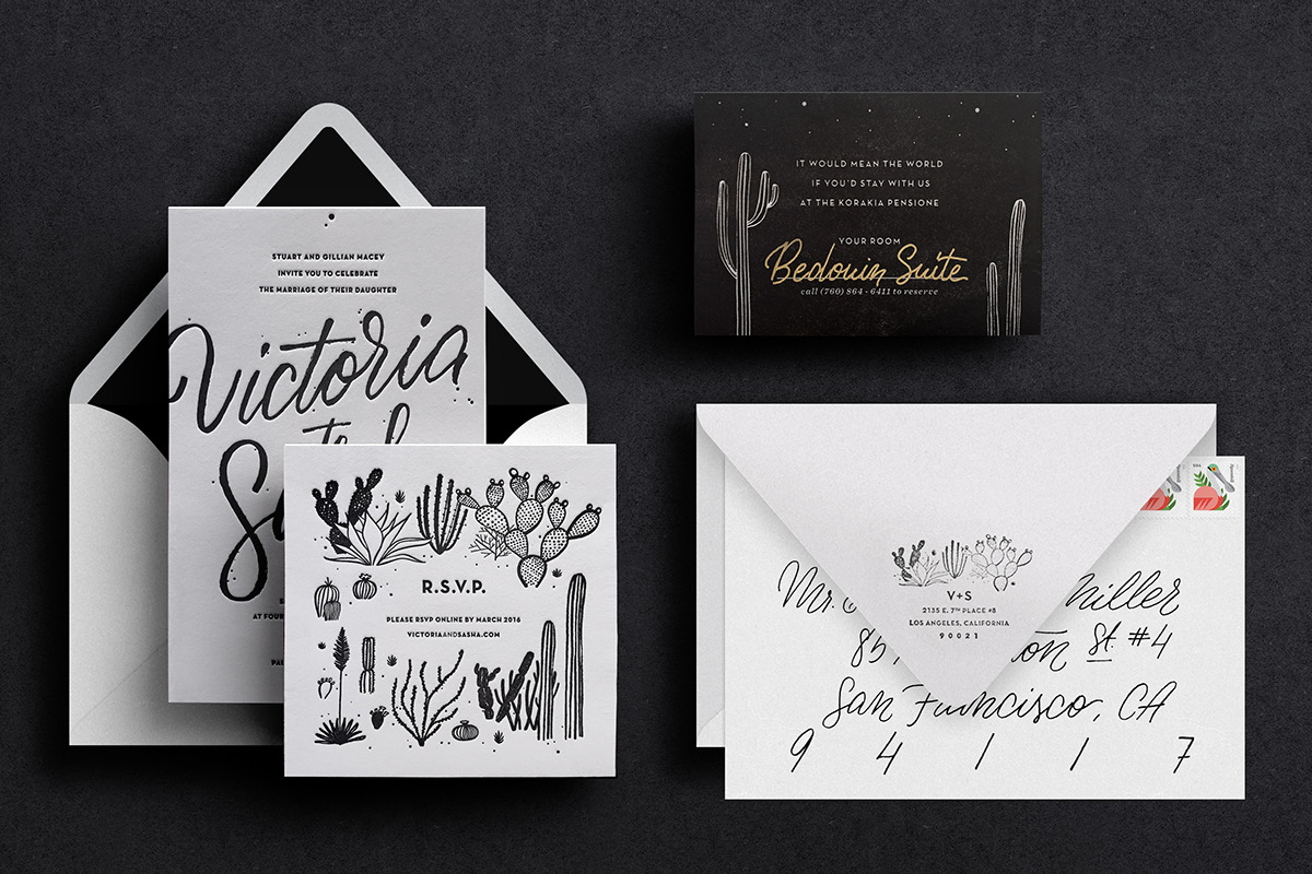 Invitation cactus desert letterpress brushscript ILLUSTRATION  wedding lettering blackandwhite