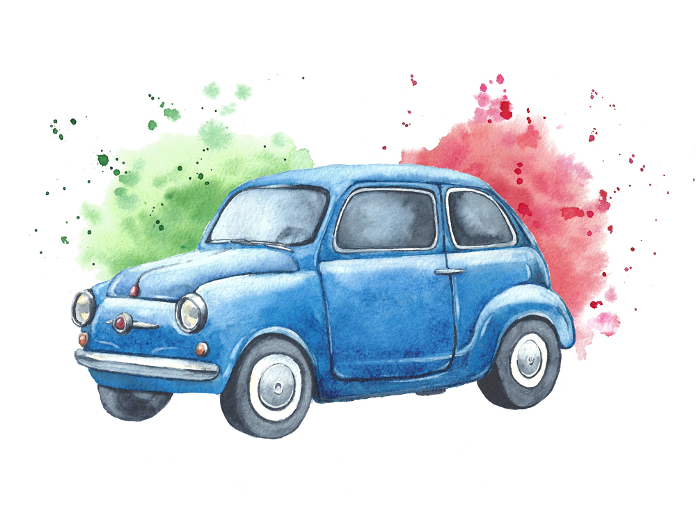 Italy Scooter car Retro magazine watercolor aquarelle hand drawn Travel design Beautiful modern cool Transport map
