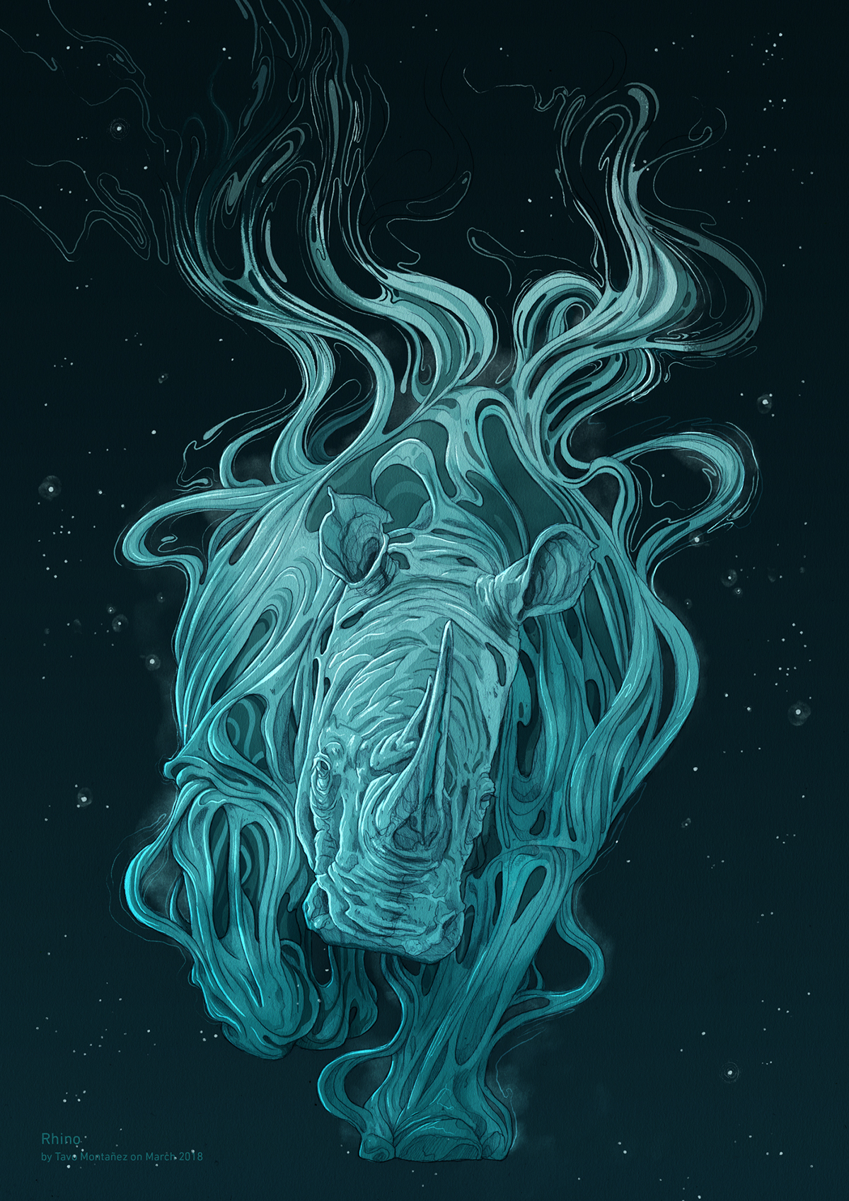 Rhino ILLUSTRATION  Digital Art  Space  stars blue Rhinoceros rinoceronte Adobe Photoshop Wacom Cintiq