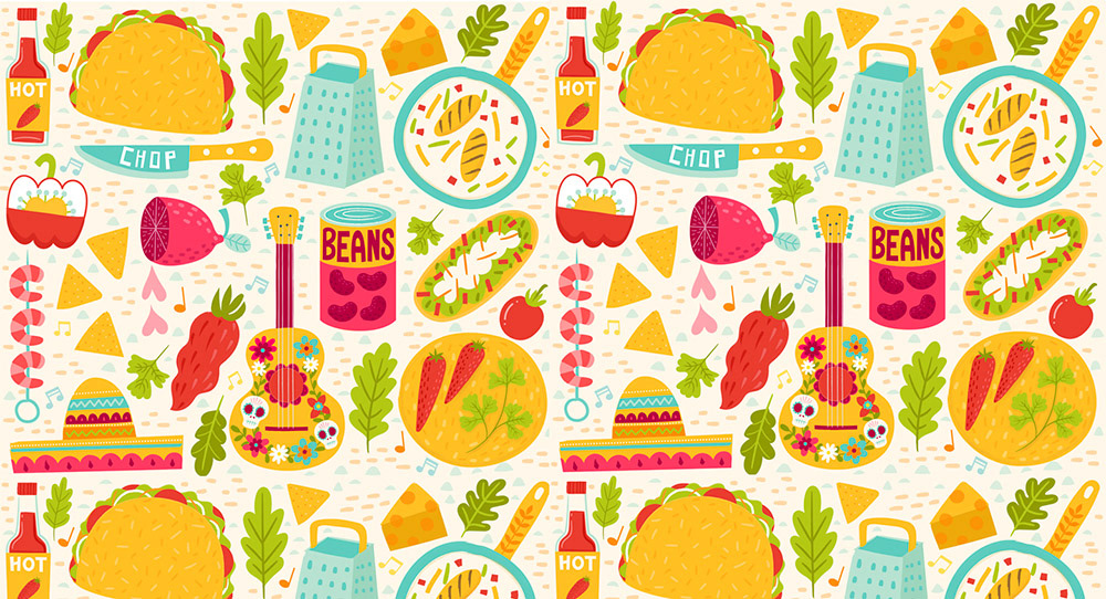 Tacos burritos food illustration pattern design  surface design art licensing food pattern Mexican Food home decor wall paper