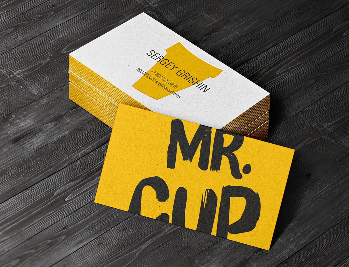 Coffee Logo Design identity mock up yellow black White cup take away tea brand Moscow mr. cup fastfood cafe