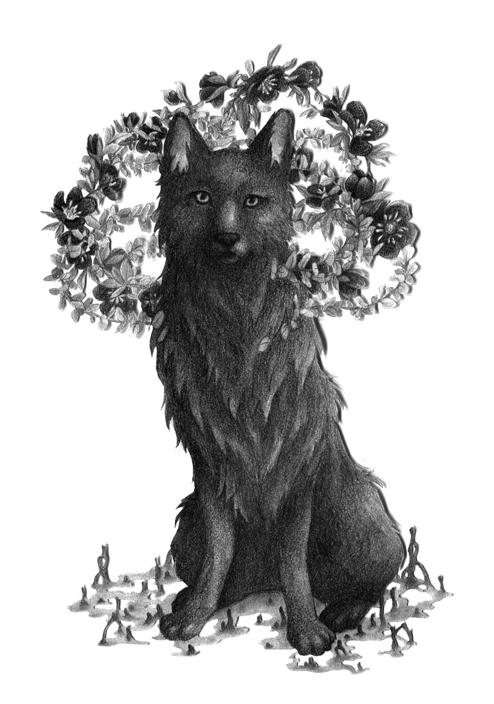 black and white papercut portrait dog Flowers floral botanical figural surreal fantasy fairytale