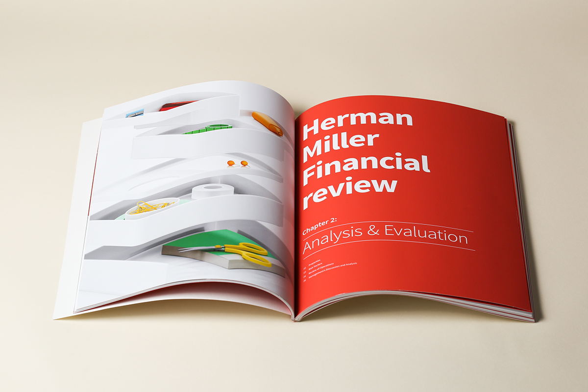 Herman Miller infographic Academy of art modernism corporation source sans pro book design typesetting red furniture Charts table Student work annual report EAMES