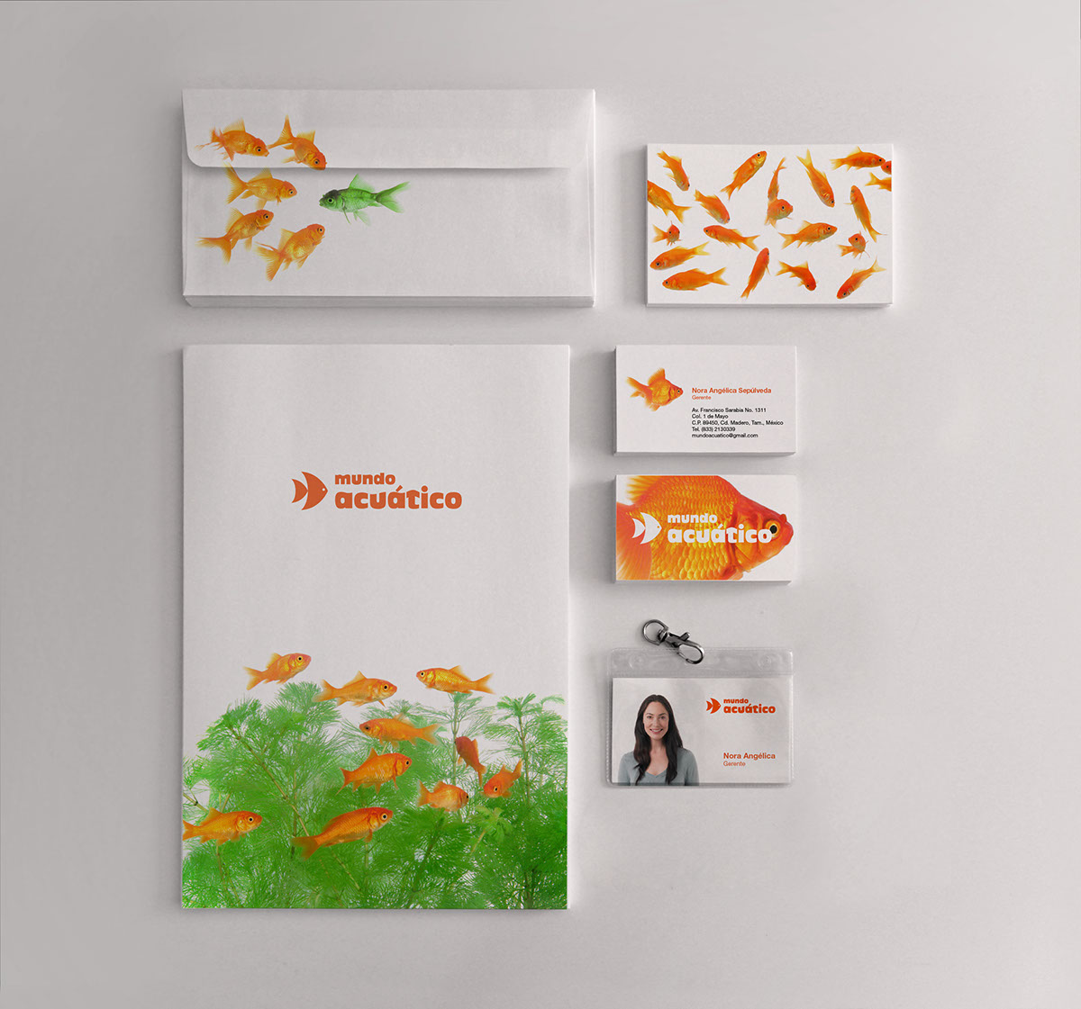 identity logo fish pets goldfish aquatic pet store Stationery brand orange