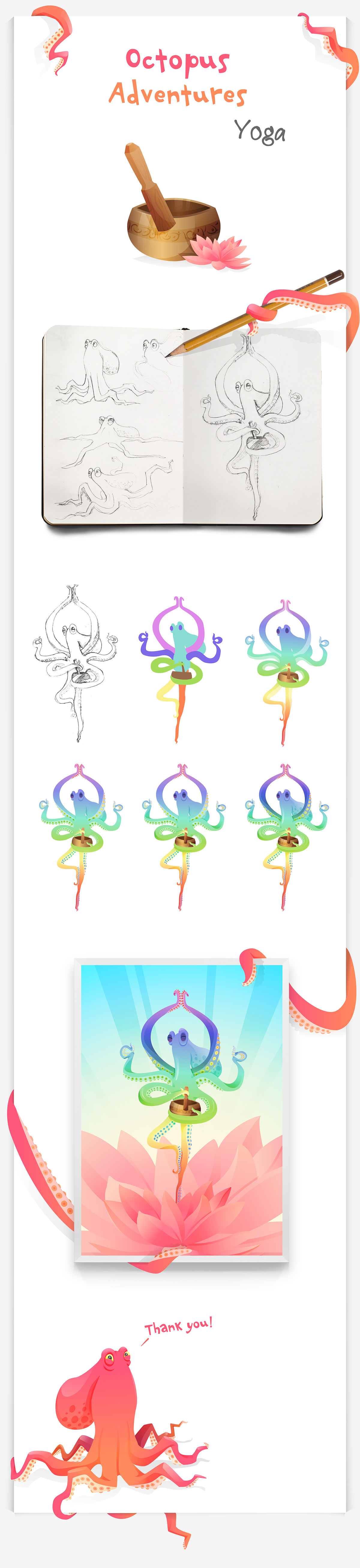 funny Character design octopus sea Yoga process Lotus job vector pose poster concept color