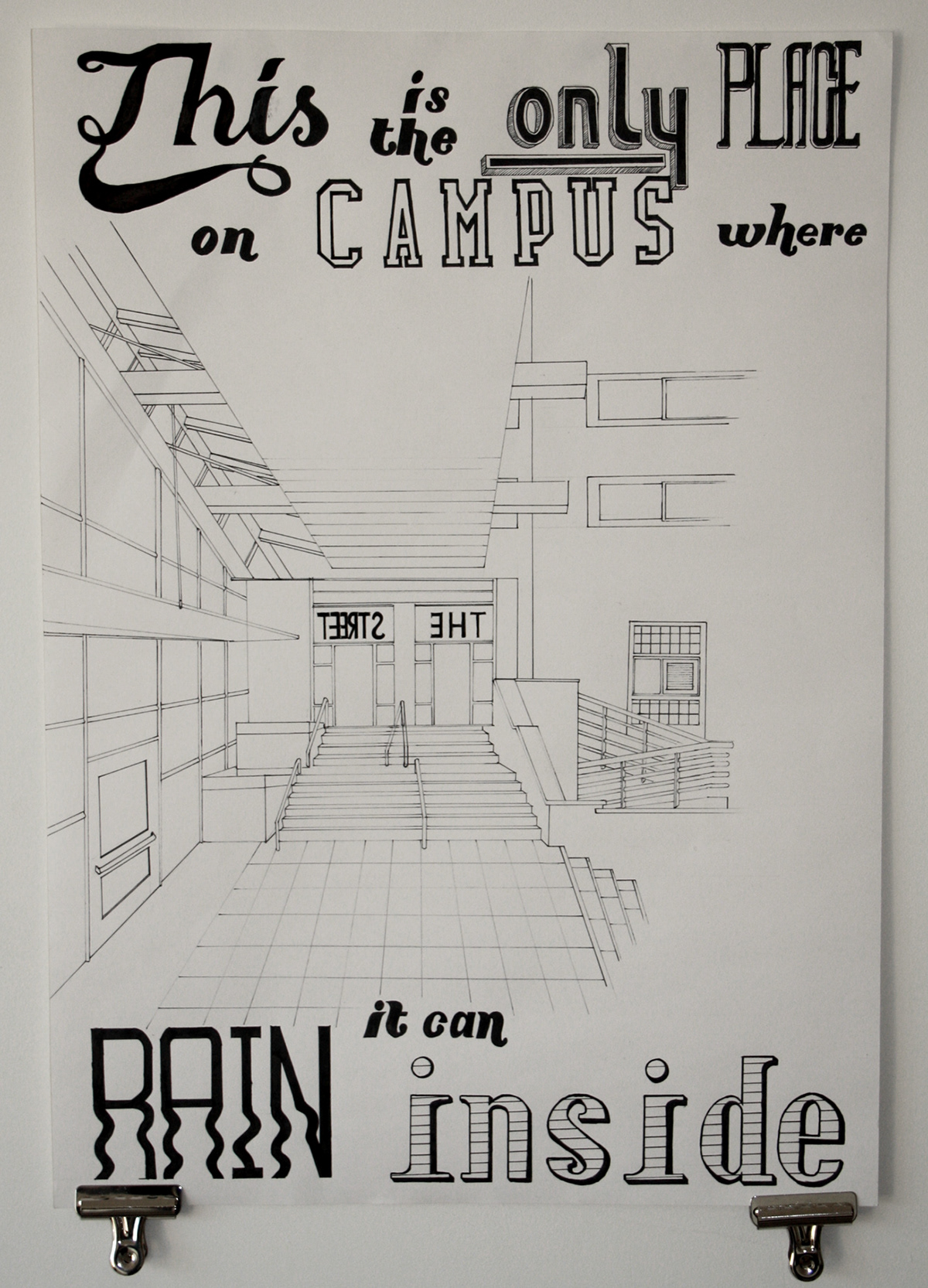 University campus hand drawn black and white poster type a2