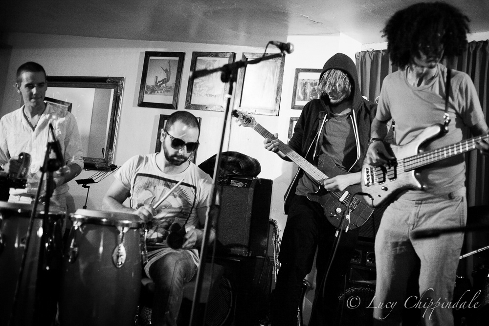 black and white band gig live Animanz London Funk jazz soul afrobeat guitar drums bass Piano