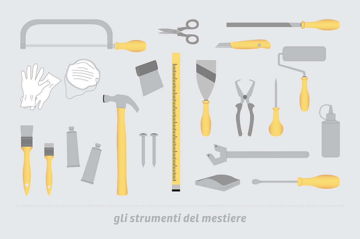 DIY book instruction icons infographics editorial Catalogue Italy cover symbol sign do it yourself type lettering pictograms