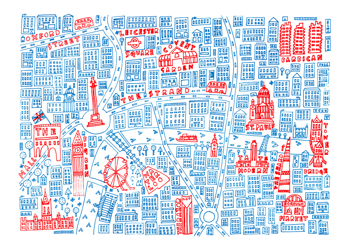 illustrated map line city London Landmarks big ben screenprint red blue two colour