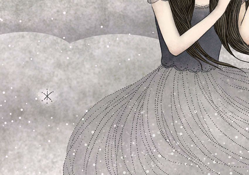 art illustrations girls fairytale dreamy SKY night sky cumulus whispers soft delicate clouds stars Constellations dress birds rabbits black pink gold slate grey rose tea puce mustard yellow Indigo purple whimsical swan astrological
