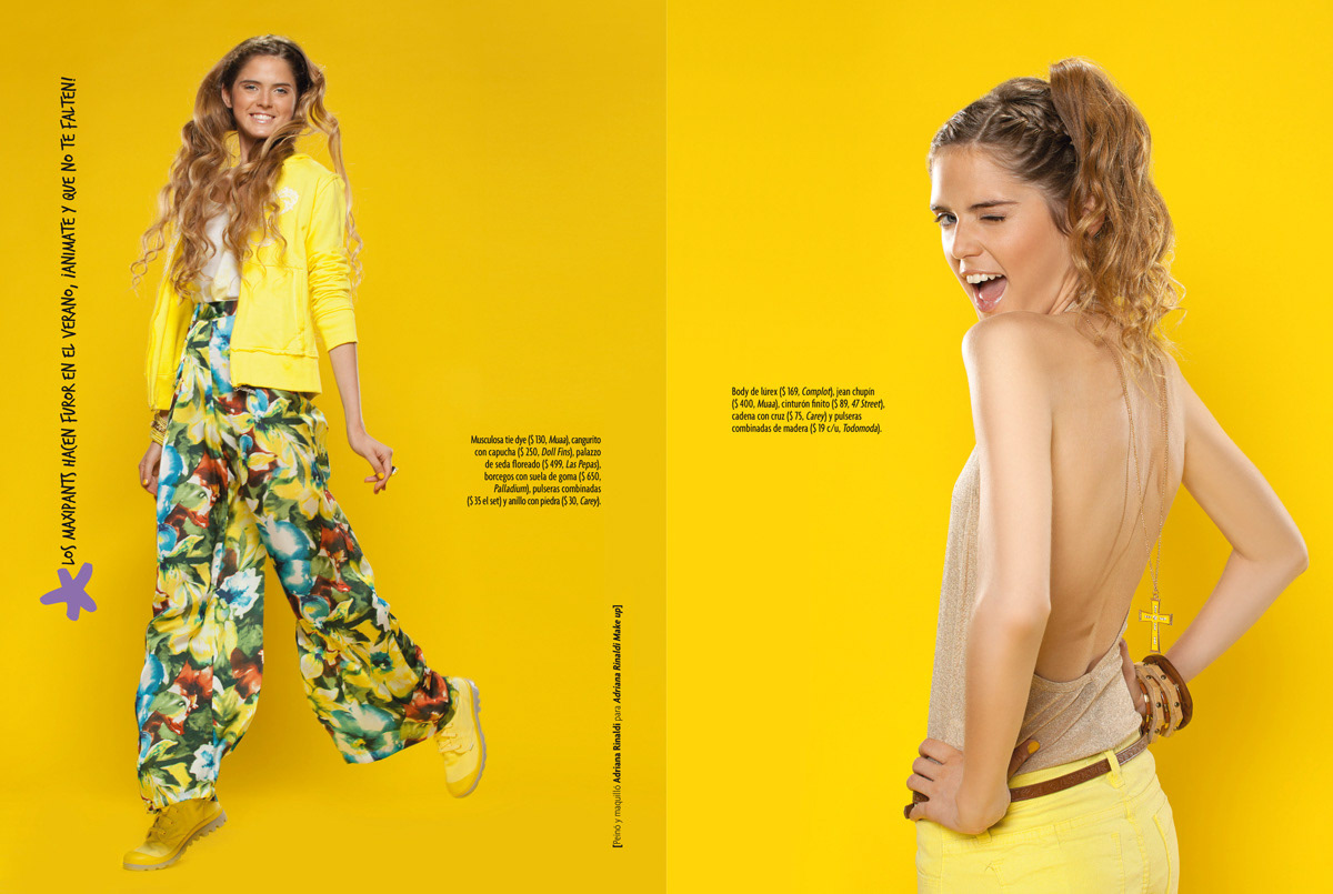 foto moda revista magazine editorial amarillo yellow skirt shirt baloon blonde smile teen summer