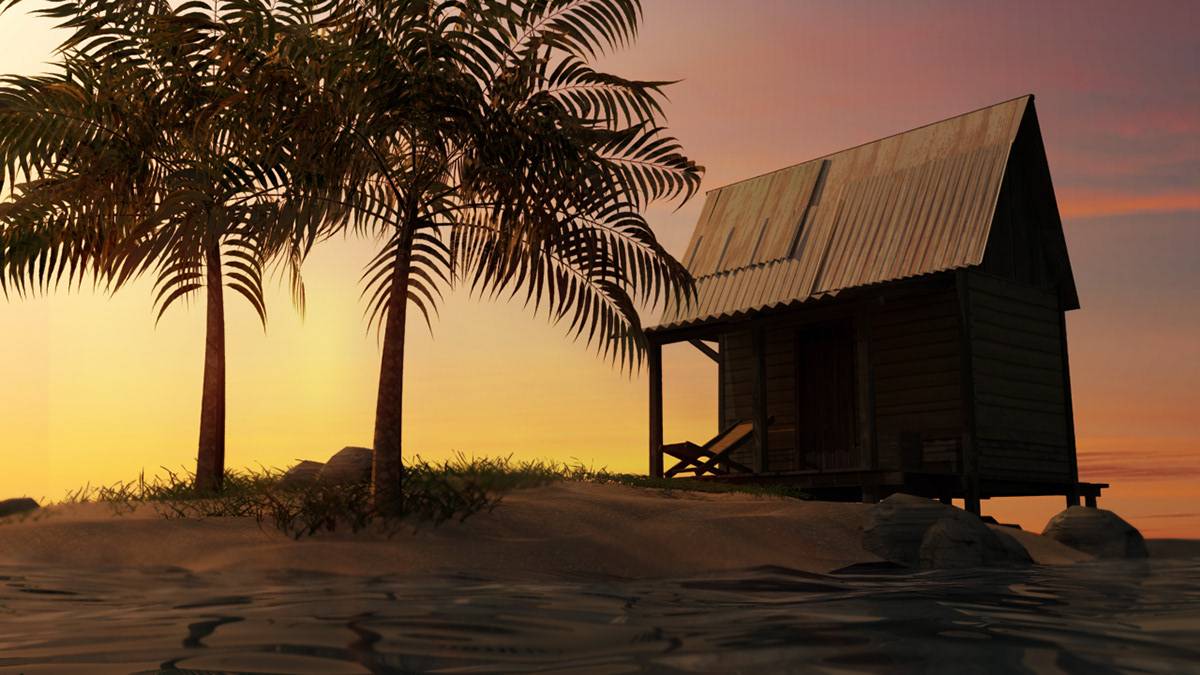 3D Maya Autodesk Island lonely sea sunset