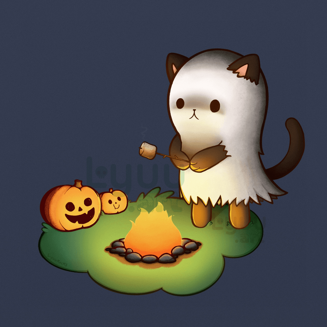 Cat Halloween Smores pumpkin fire camping roasting marshmallow ghost cute Scary boo cartoon Ambient