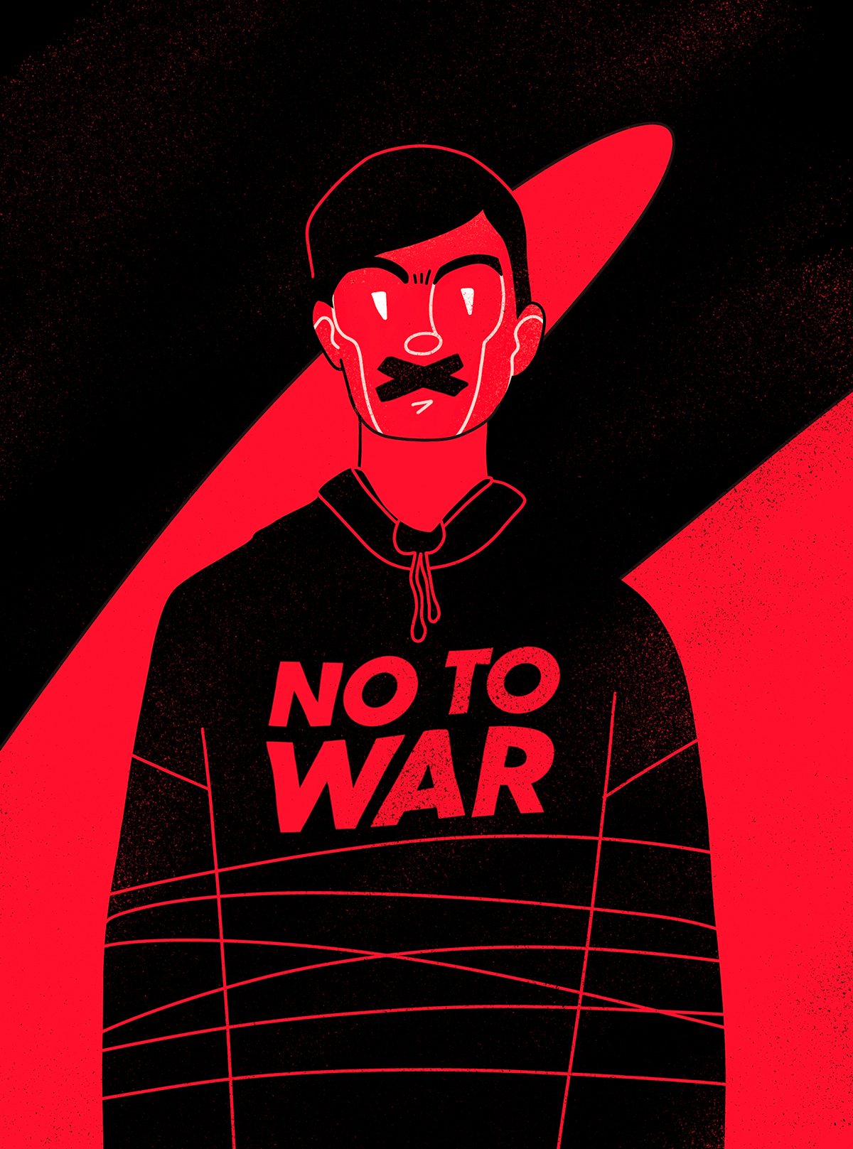 Flat illustration of a character protesting against the war, while being silenced.