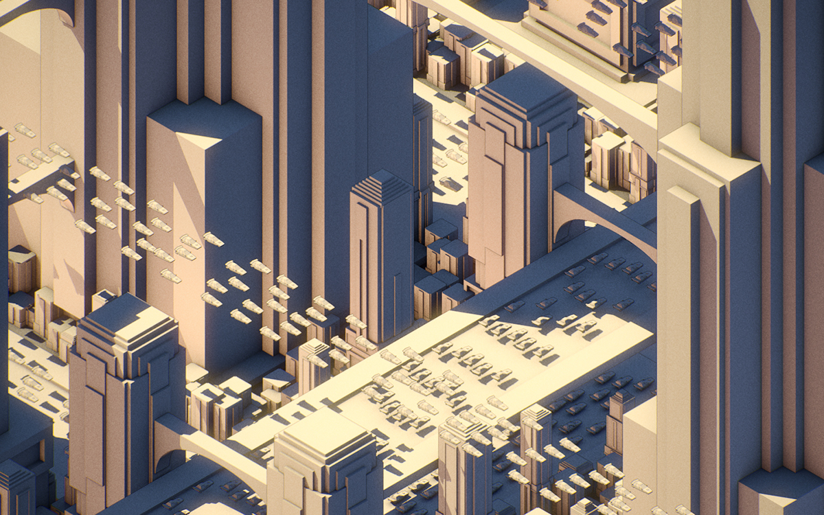 Isometric city Tomorrowland c4d 3D art Low Poly geometry art deco future car