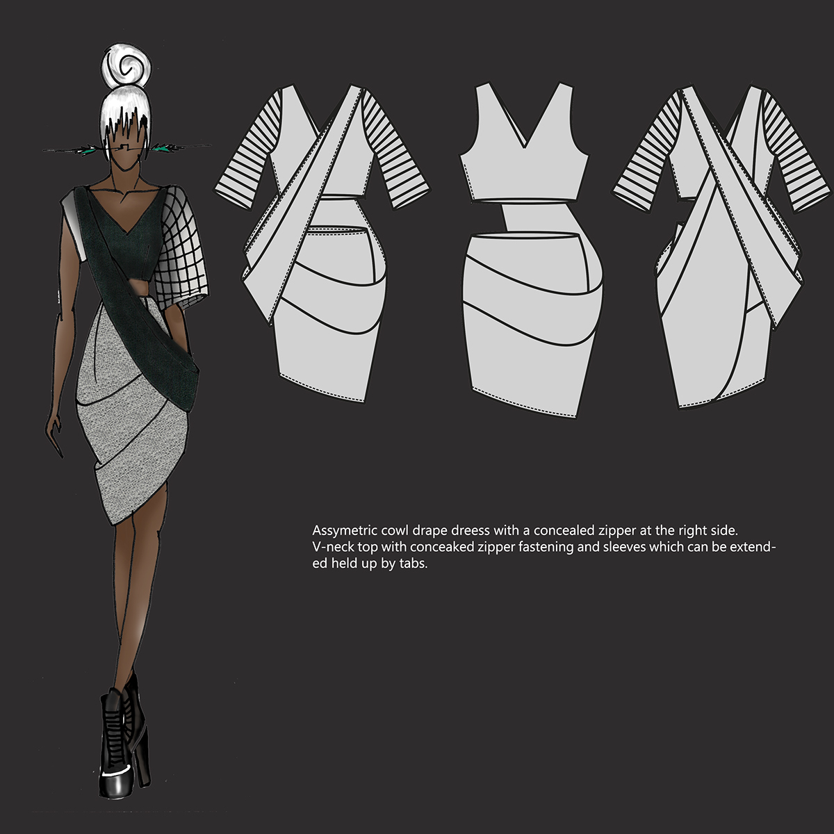 Fashion  sketches geometry draping neutral colours Folding techniques