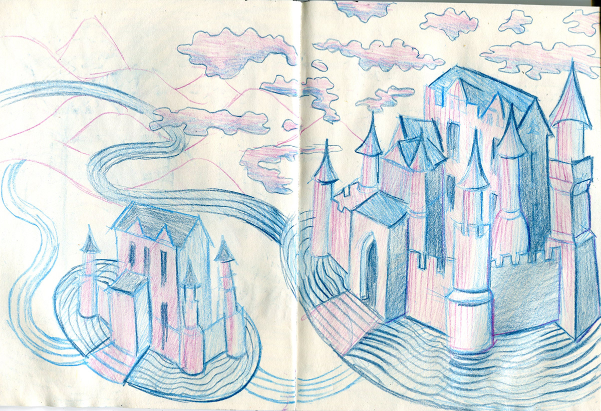 pattern toile clouds Castle fantasy colored pencil moat rivers Fashion  surface design