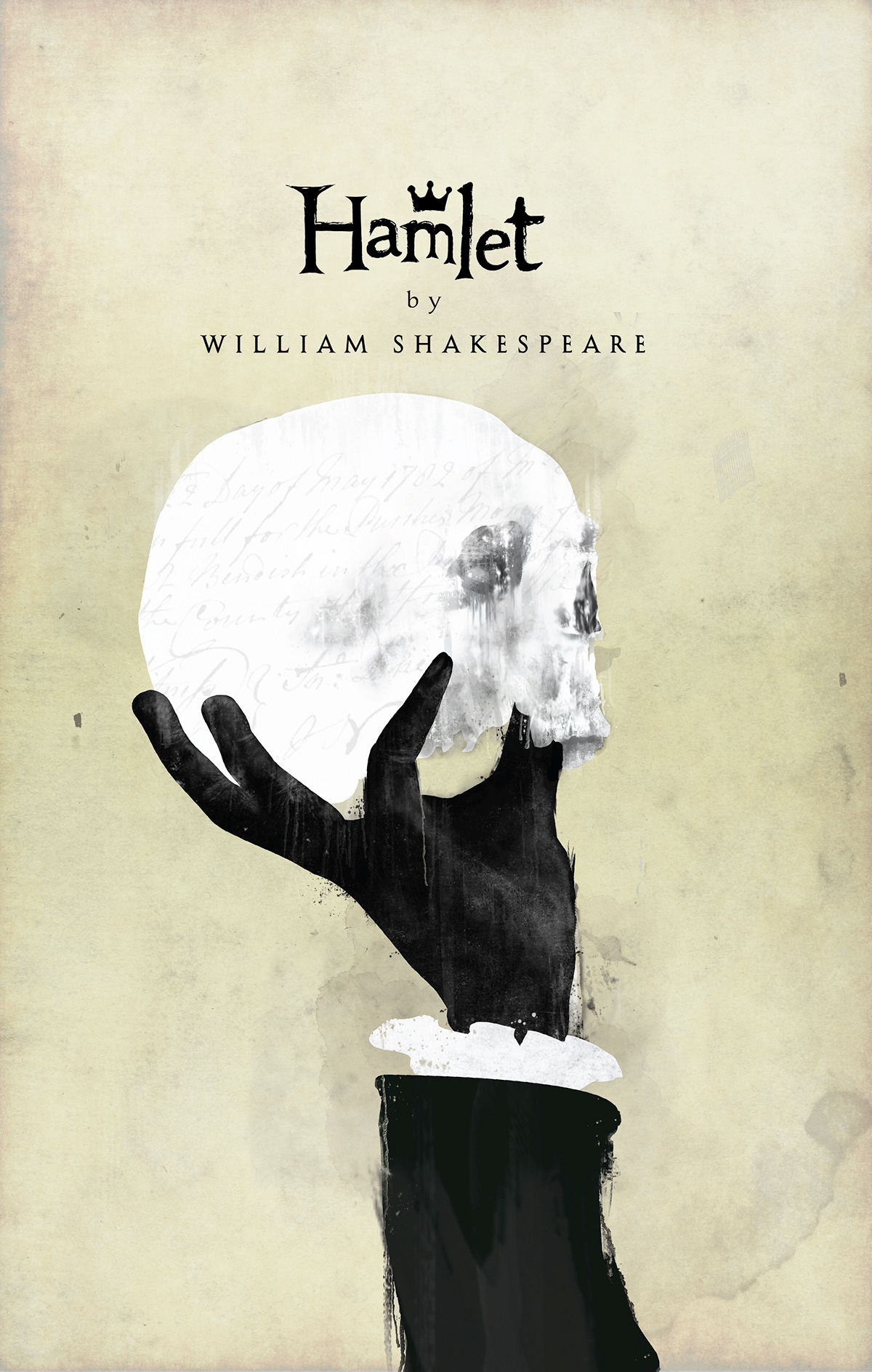 hamlet willam shakespeare book cover hand skull prince crown