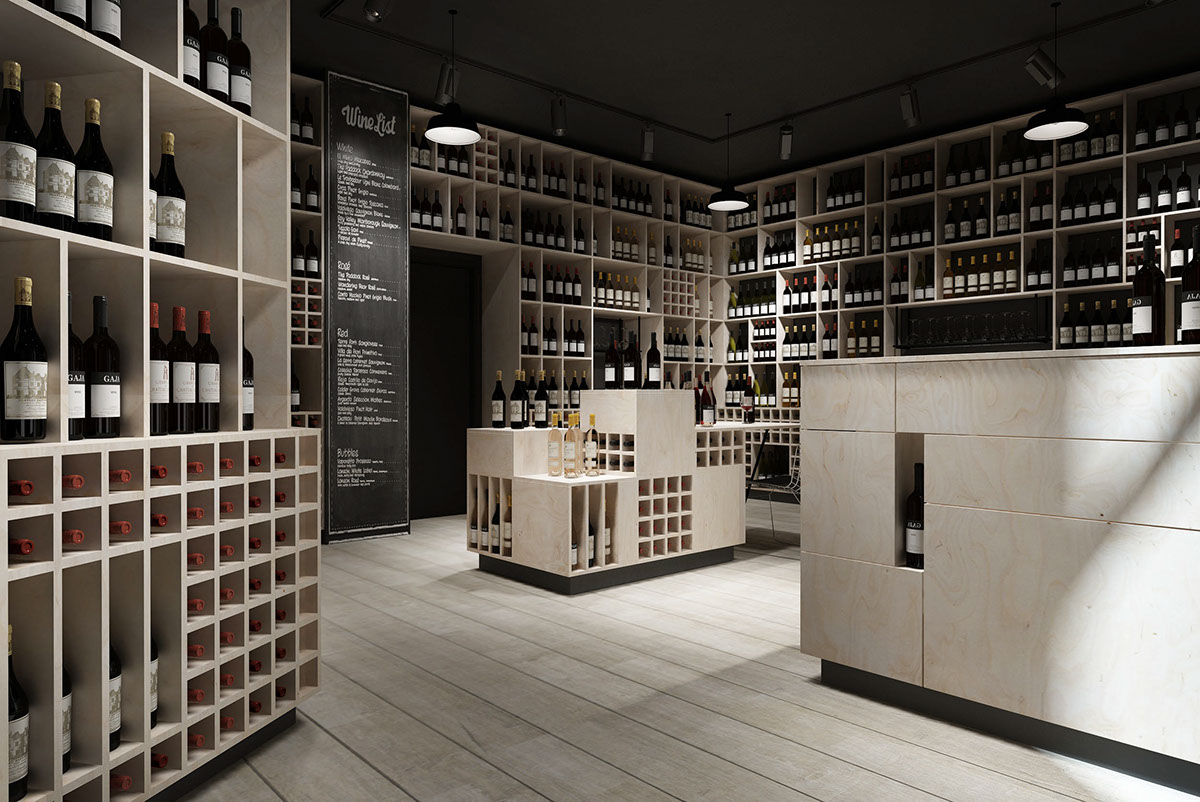 #interiordesign #winestore #wineshop #shelves #wine #interior #plywood