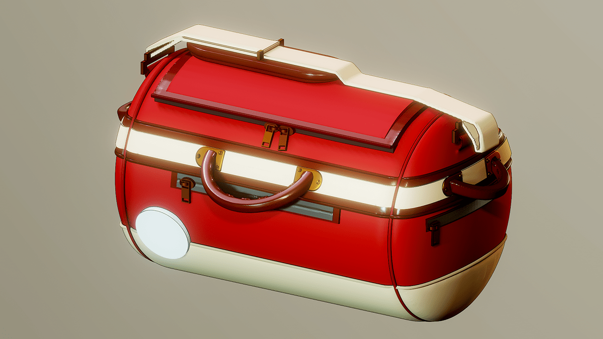 A grainy image of a 3d designer bag concept render in red. The Burrough bag, by Darius Frank