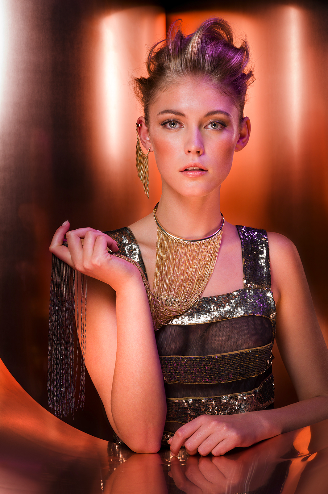 editorial fashionphotography metal model styling  copper red orange reflection shooting light fashionart
