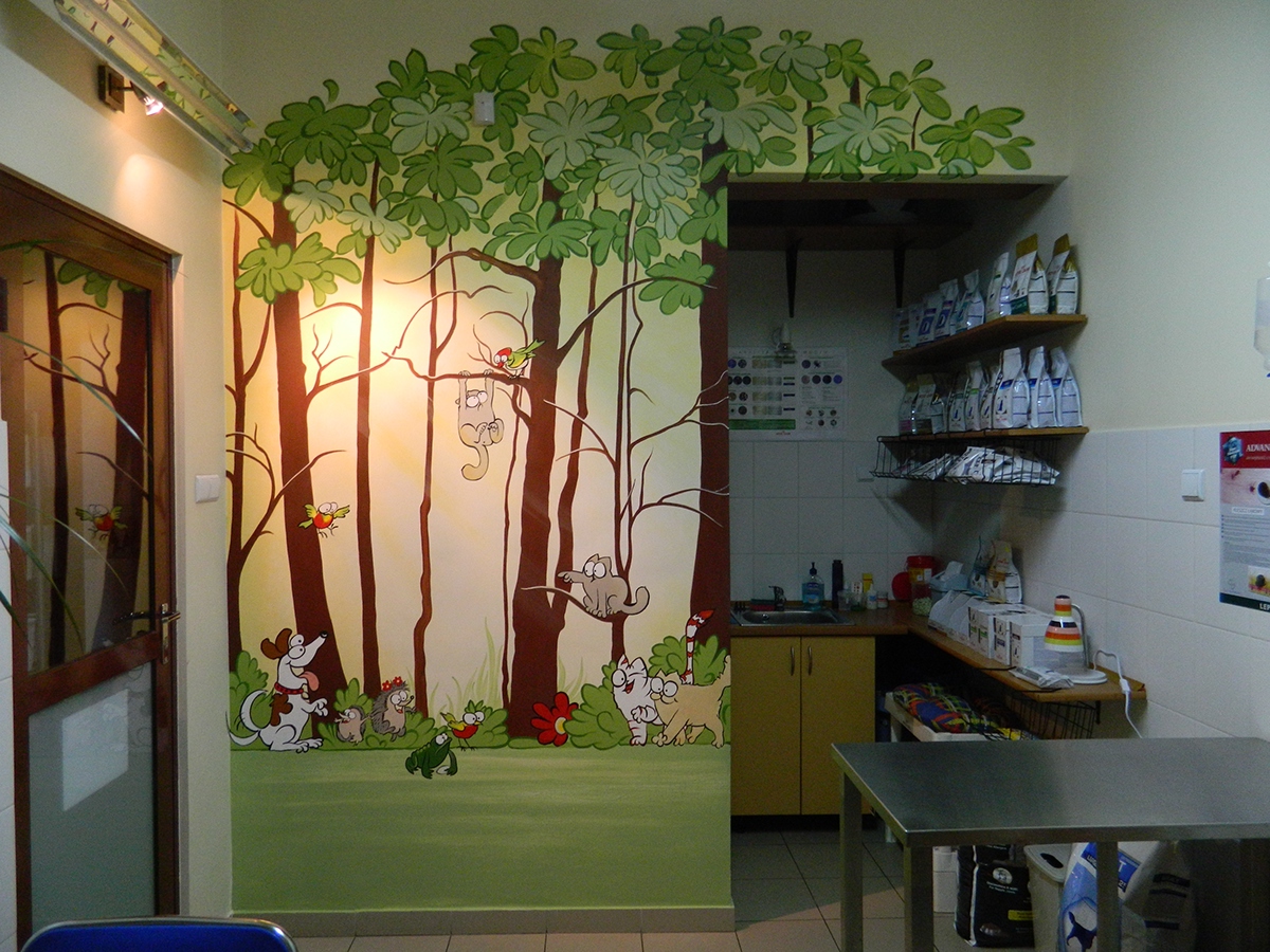 Cat dog Simon's Cat veterinary room animals forest wall art on the wall wall painting handpainted