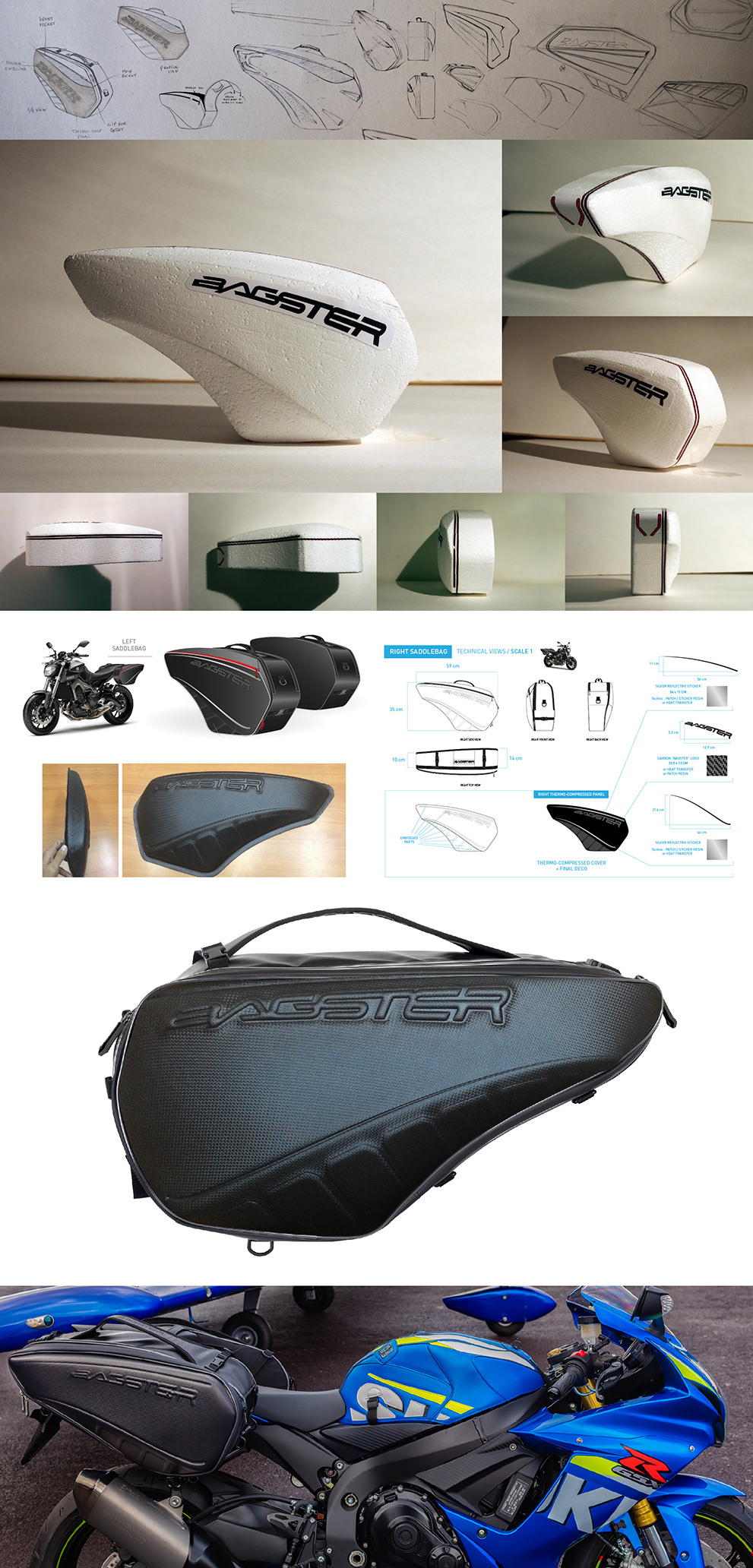 saddle bag design conception product design  thermocompressed foam model Racing graphic design  gusset motorcycle luggage