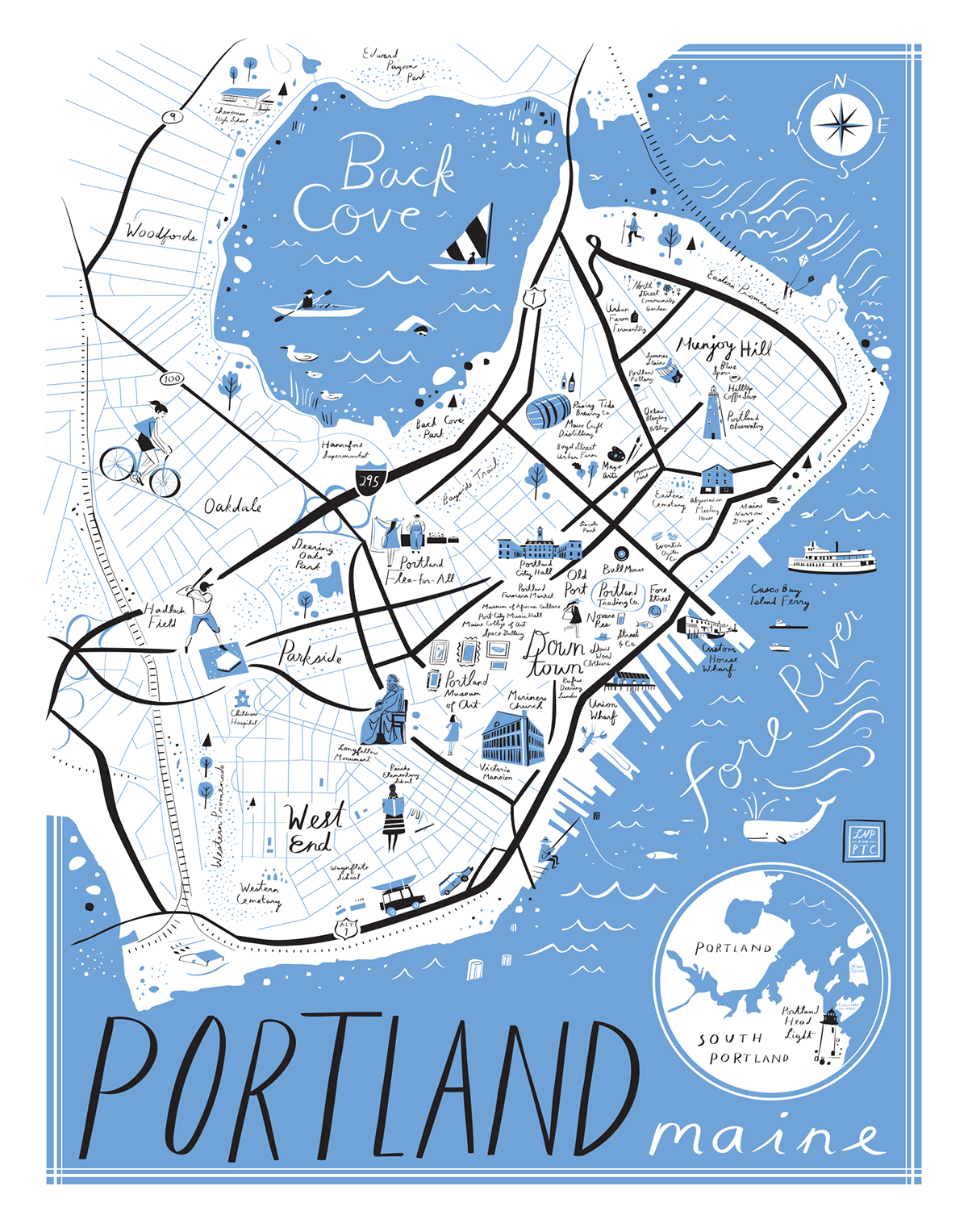 map Portland Maine topography Travel vacation water Whale Back Cover fore river east coast Coast beach lighthouse
