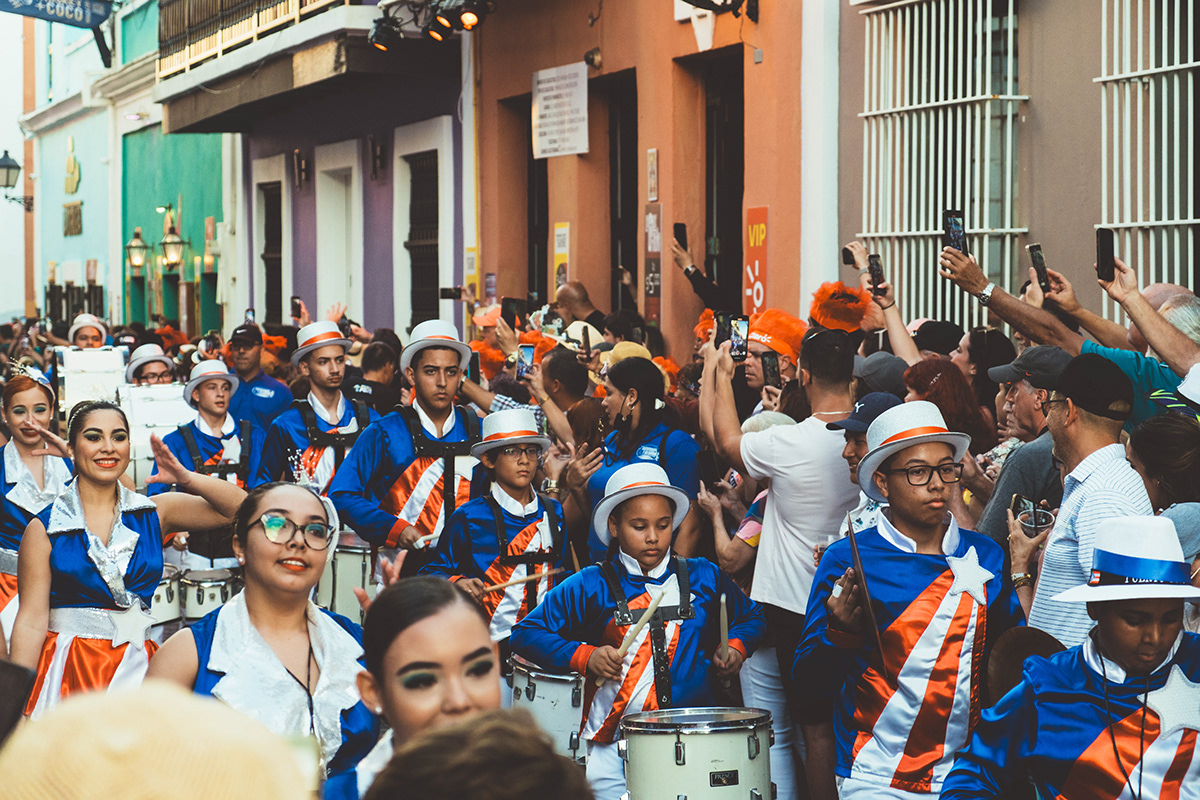 Marching band in the street of San Juan during the fiestas de la calle san sebastian in Puerto Rico