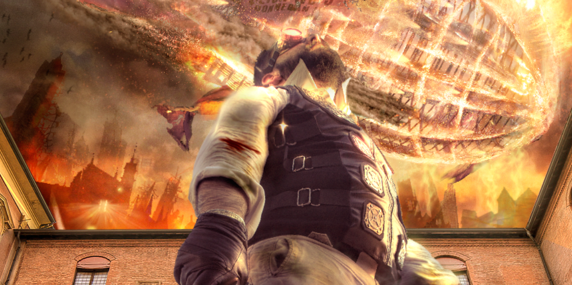 STEAMPUNK Magic   photomanipulation War fire zeppelin guns Military movie poster Character stance warzone rpg