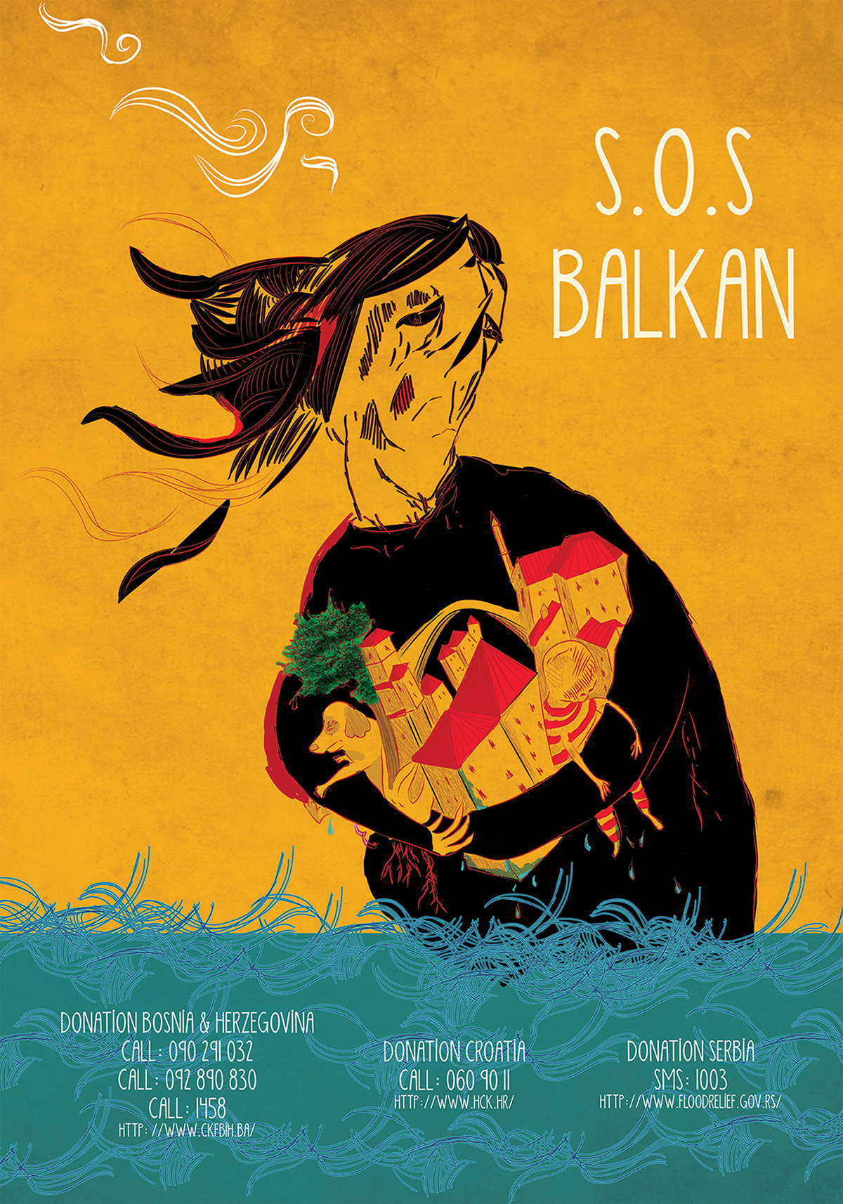balkans poster Sos help Bosnia herzegovina Croatia Serbia flood sel water country Afiş felaket festival