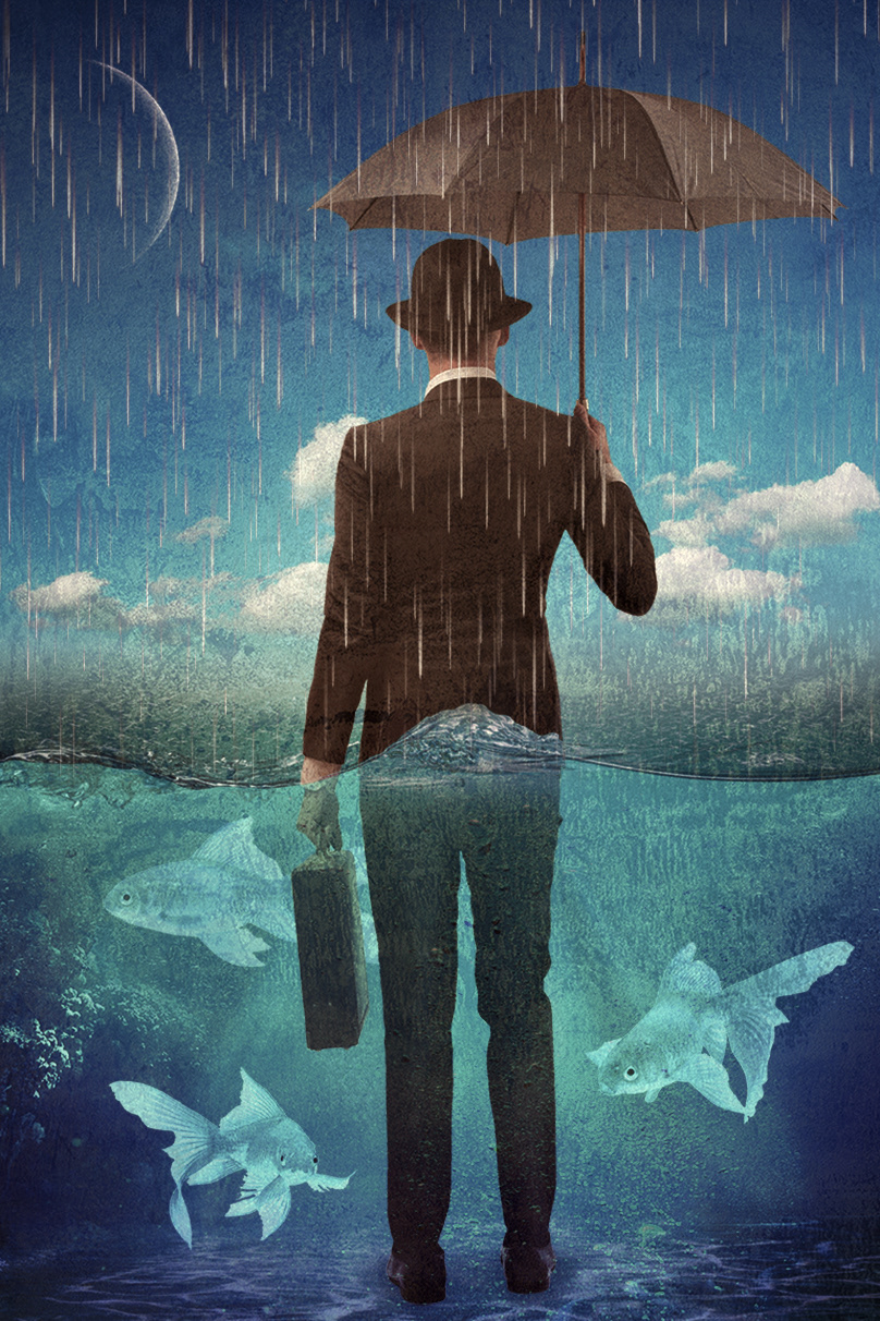 Surrealist composite of man holding umbrella in rain while standing hip-deep in water.