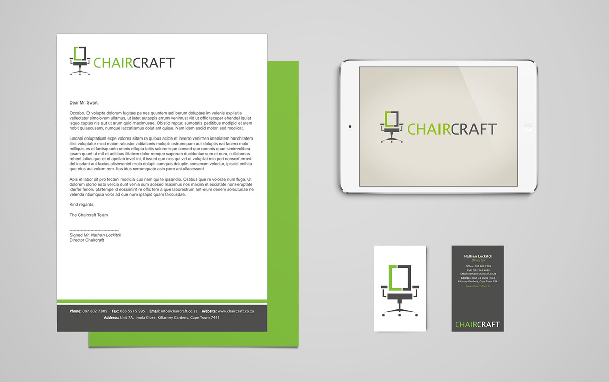 chair logo business card letterhead furniture supplier design