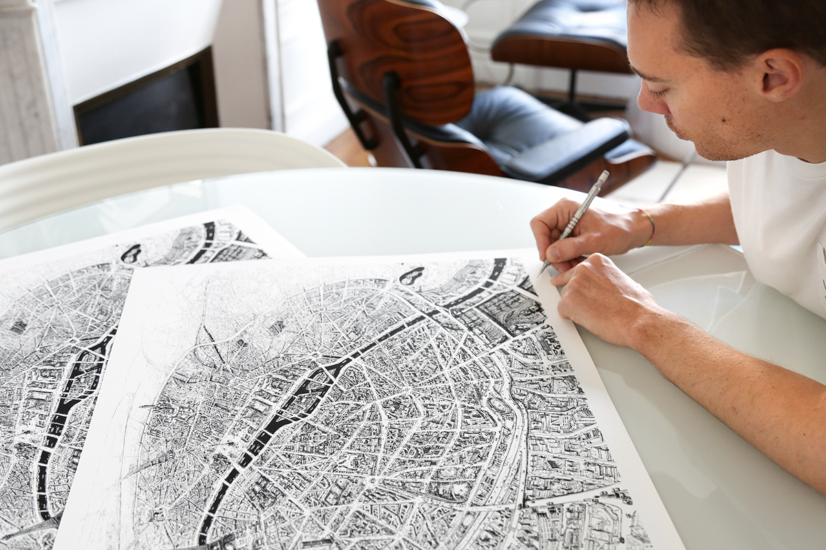 print limited edition Black&white Paris france ink paper details city map Urban sketch