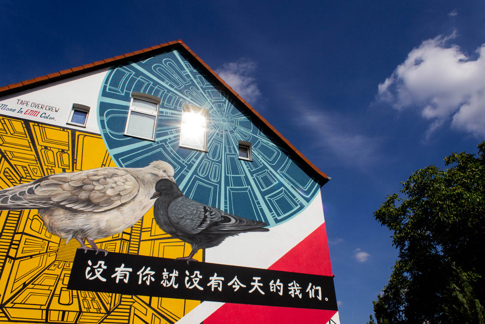 Graffiti painting   Mural streetart Tapeart tape art House front mixed media birds urban art