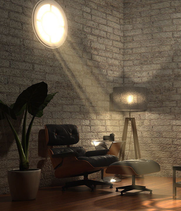 3D Interior Condo brick mental ray 3ds max CG CGI design living room furniture lighting texturing rendering