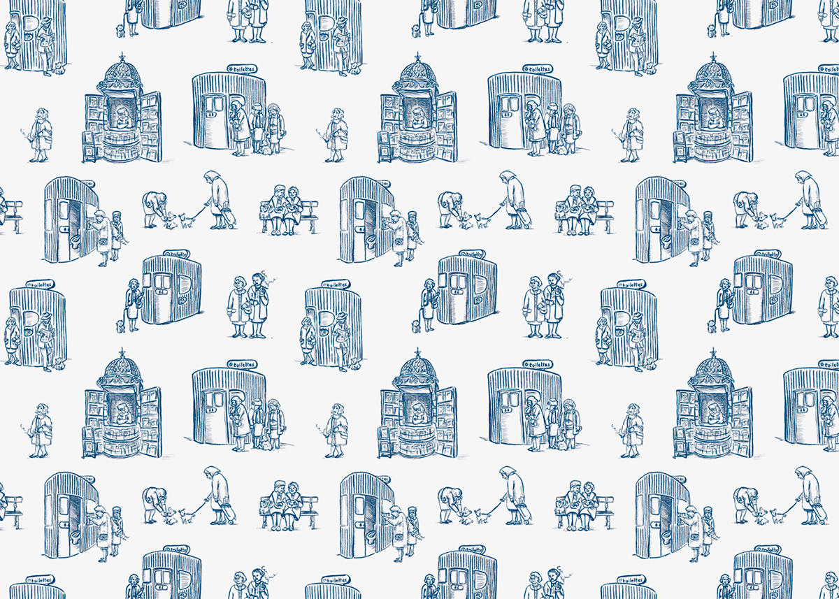 pattern wallpaper Paris toilets public toile de jouy Bourgeoisie ink paint streets