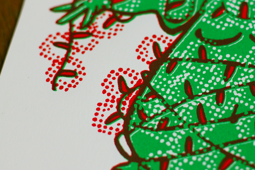 silkscreen screenprint red green Christmas bear a4