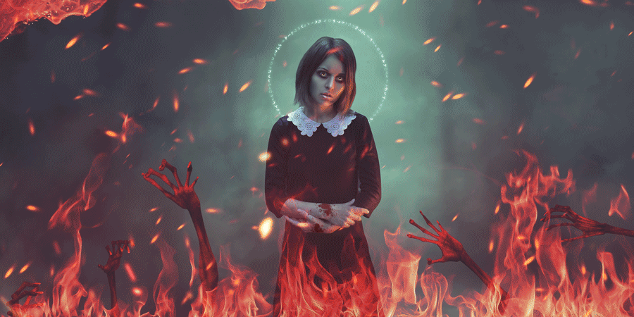 dark devil evil hands fire red sparks girl possess manipulation