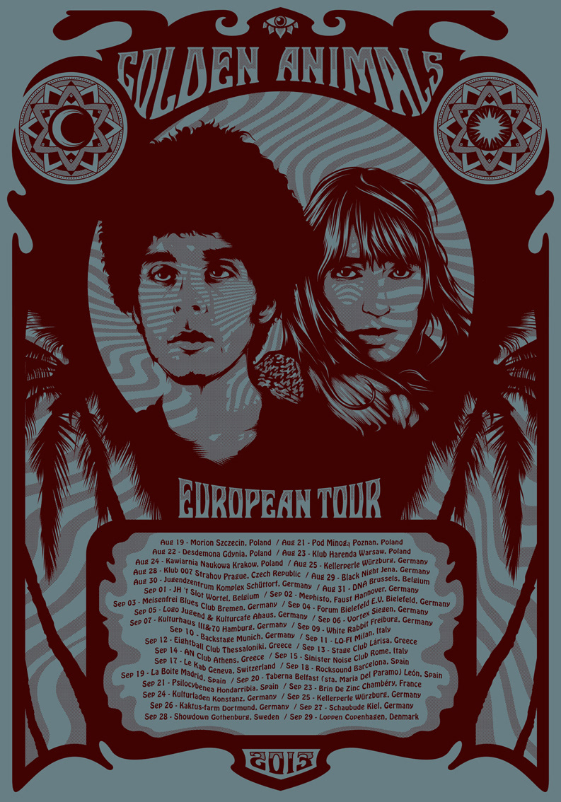 Golden Animals european tour gig poster ROck Poster psych rock psych night Desert Rock Palm Tree psychedelic one horse town Austin Psych Fest