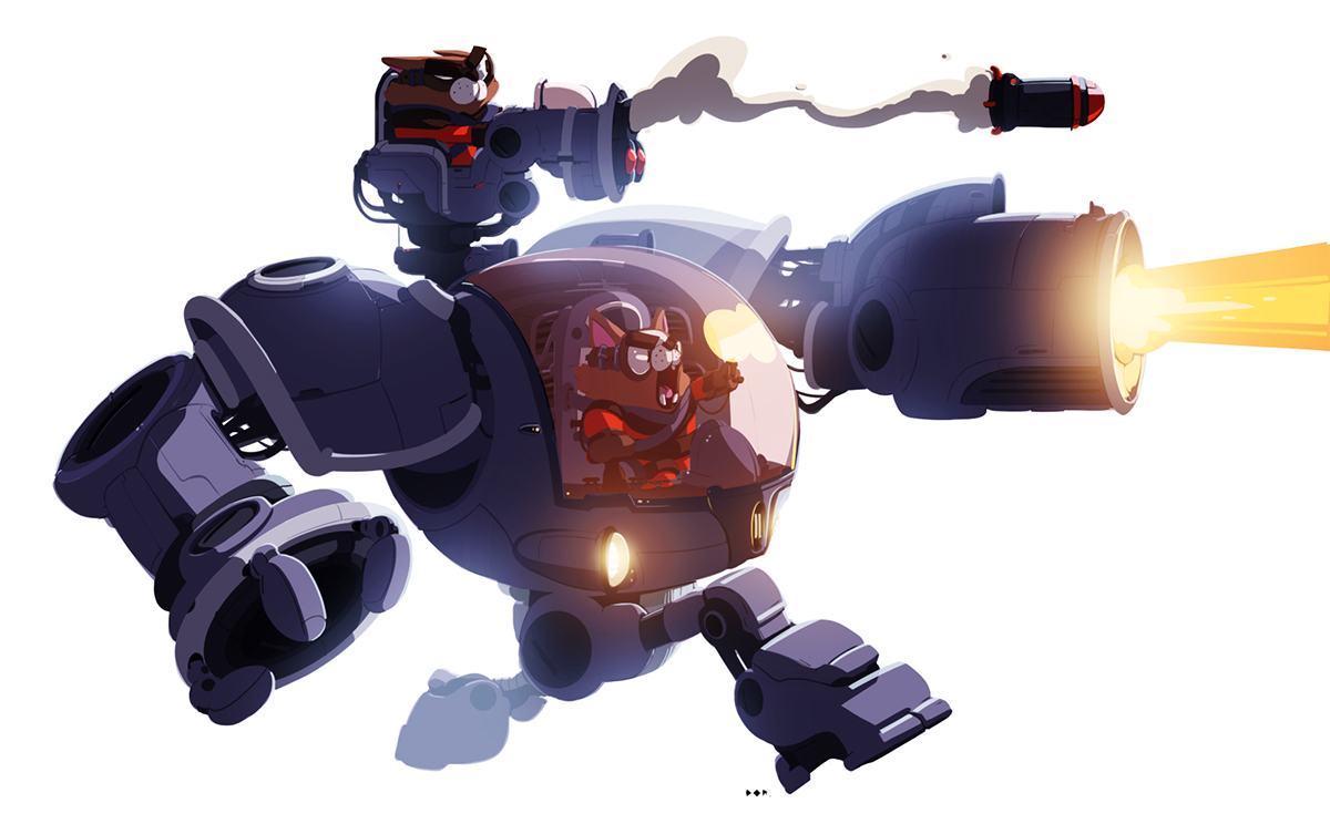 robot mecha Cat fight Attack fire sci-fi cartoon characterdesign conceptart 3D