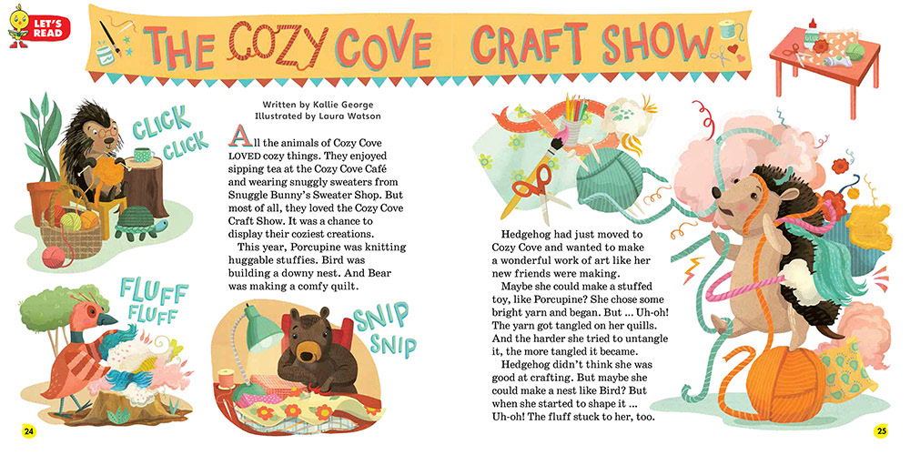 Illustrations in magazine of cute animals doing crafts