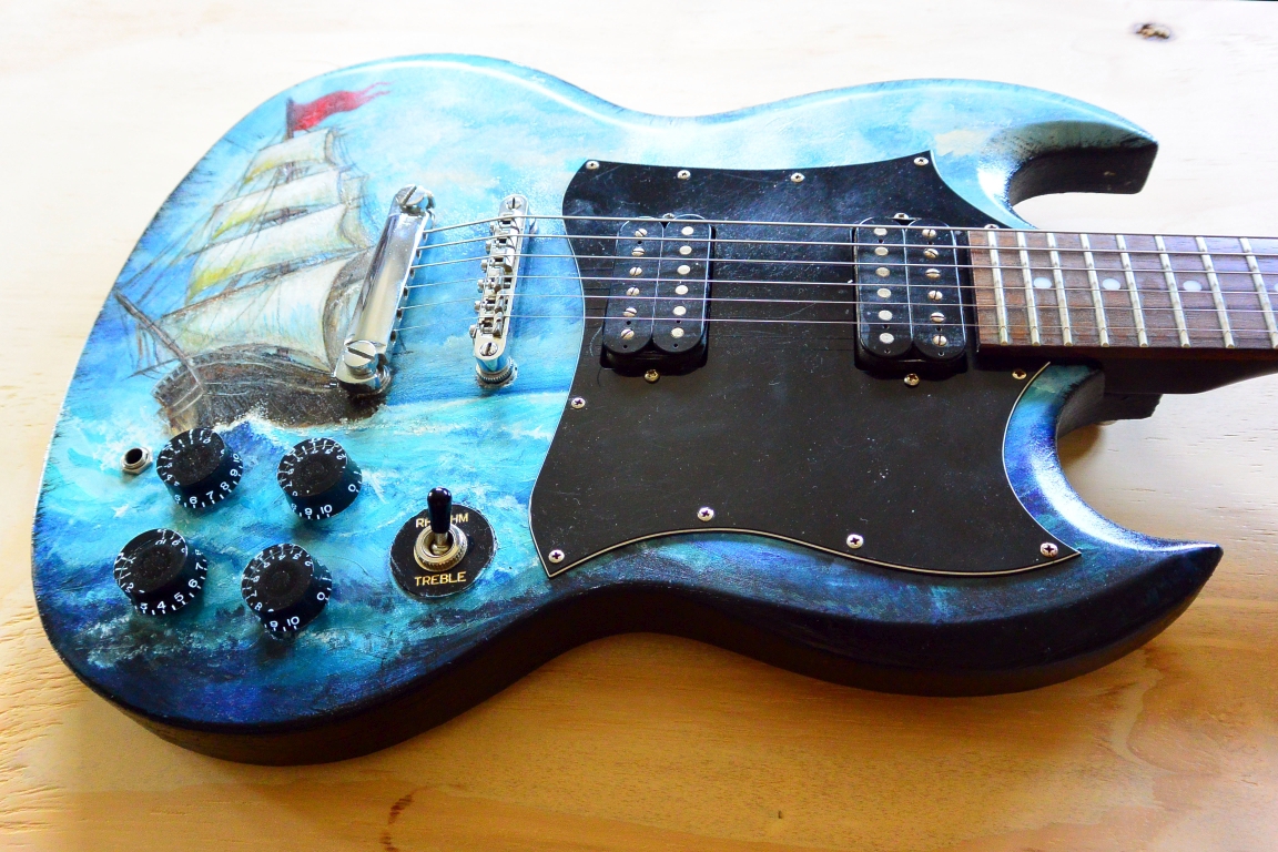 Custom guitar Epiphone electric guitar ship blue pirate sea waves