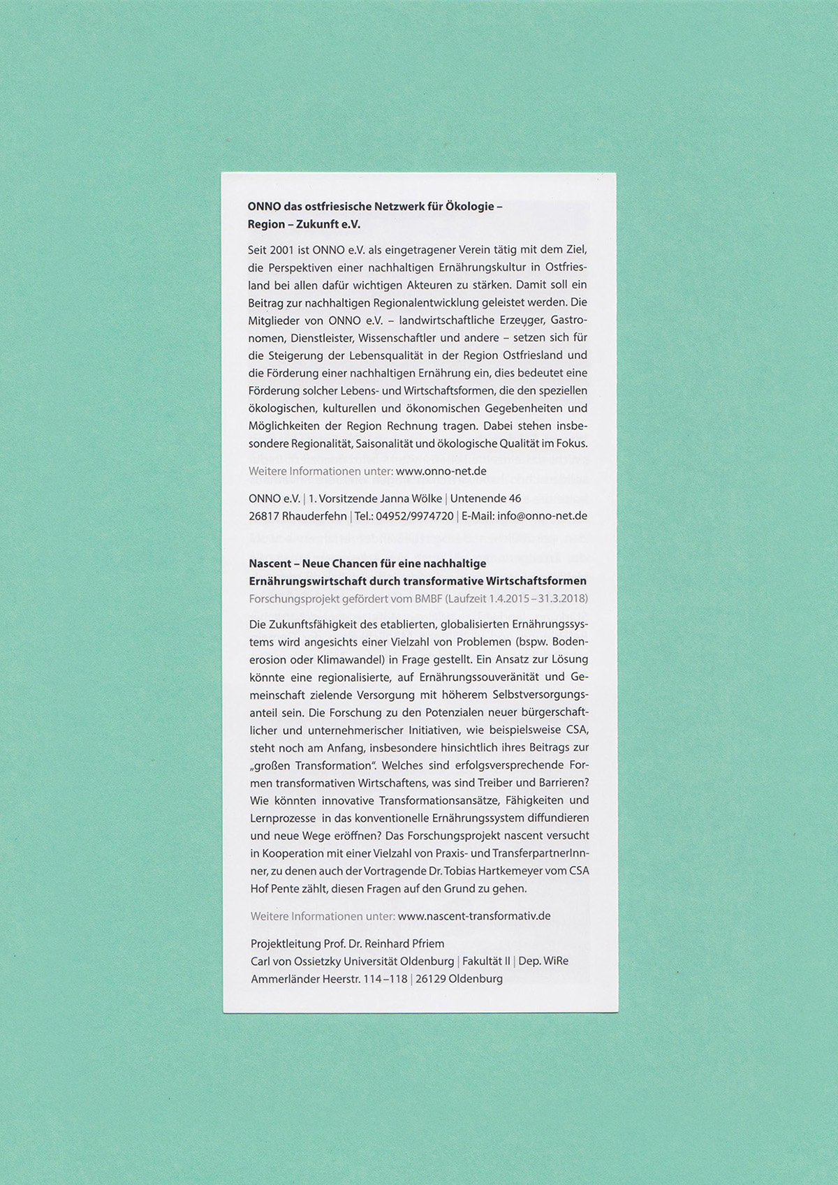 Nascent folder Oldenburg Uni Oldenburg Laub ONNO e.V. olegeno