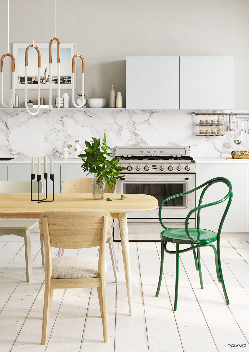 polyviz 3d max corona render  3d Scene kitchen Scandinavian Render CGI