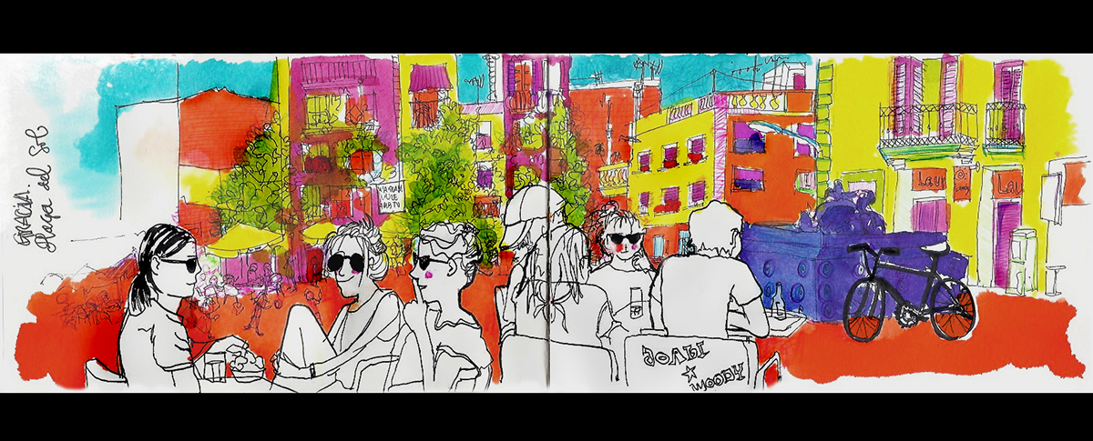 urban sketching drawing on location watercolor moleskine barcelona felt pen marker pen paintbrush sketching merce godas Picture dibujo callejero bocetos acuarela sketchbook
