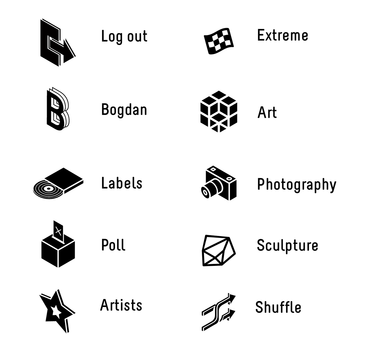 Isometric grid feeder menu categories classification black and white calendar Events party artists triangle theme family system