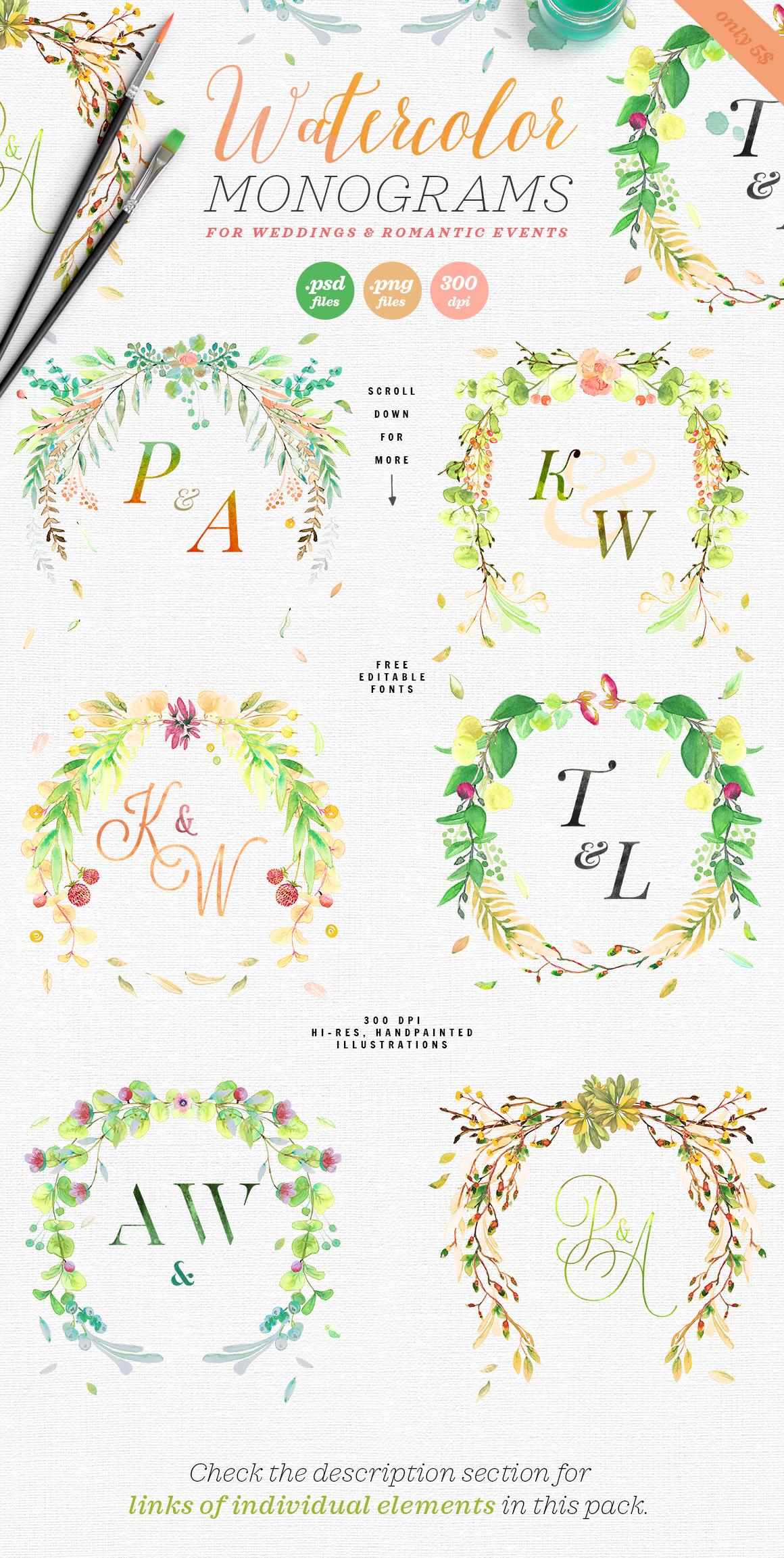 monogram wedding watercolor floral Bouquet spring ILLUSTRATION  design hand-painted greenery